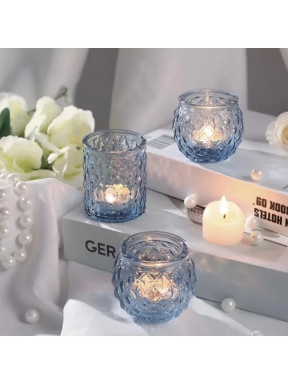 Set of 24 Blue Glass Votive Candle Holders - Round Tea Light Holders for